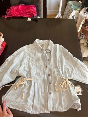 Light Blue Button Front Shirt Jacket with Side Ties